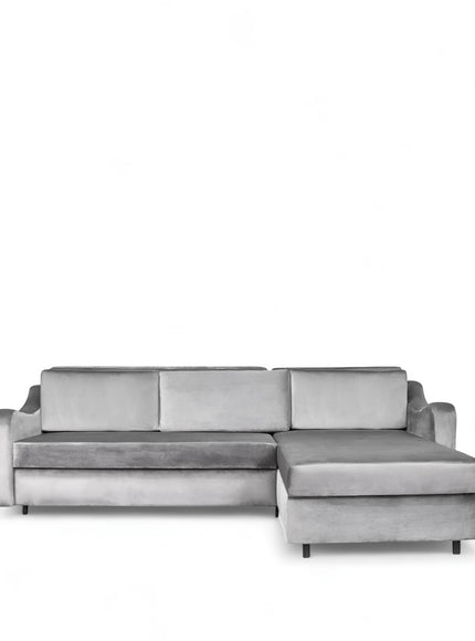Front view of the Vaya Home Grigio sectional sofa in gray upholstery with chaise configuration and cushioned backrests.