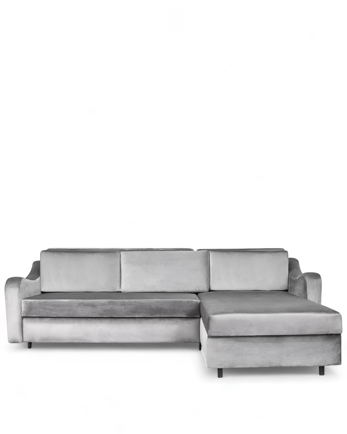 Front view of the Vaya Home Grigio sectional sofa in gray upholstery with chaise configuration and cushioned backrests.