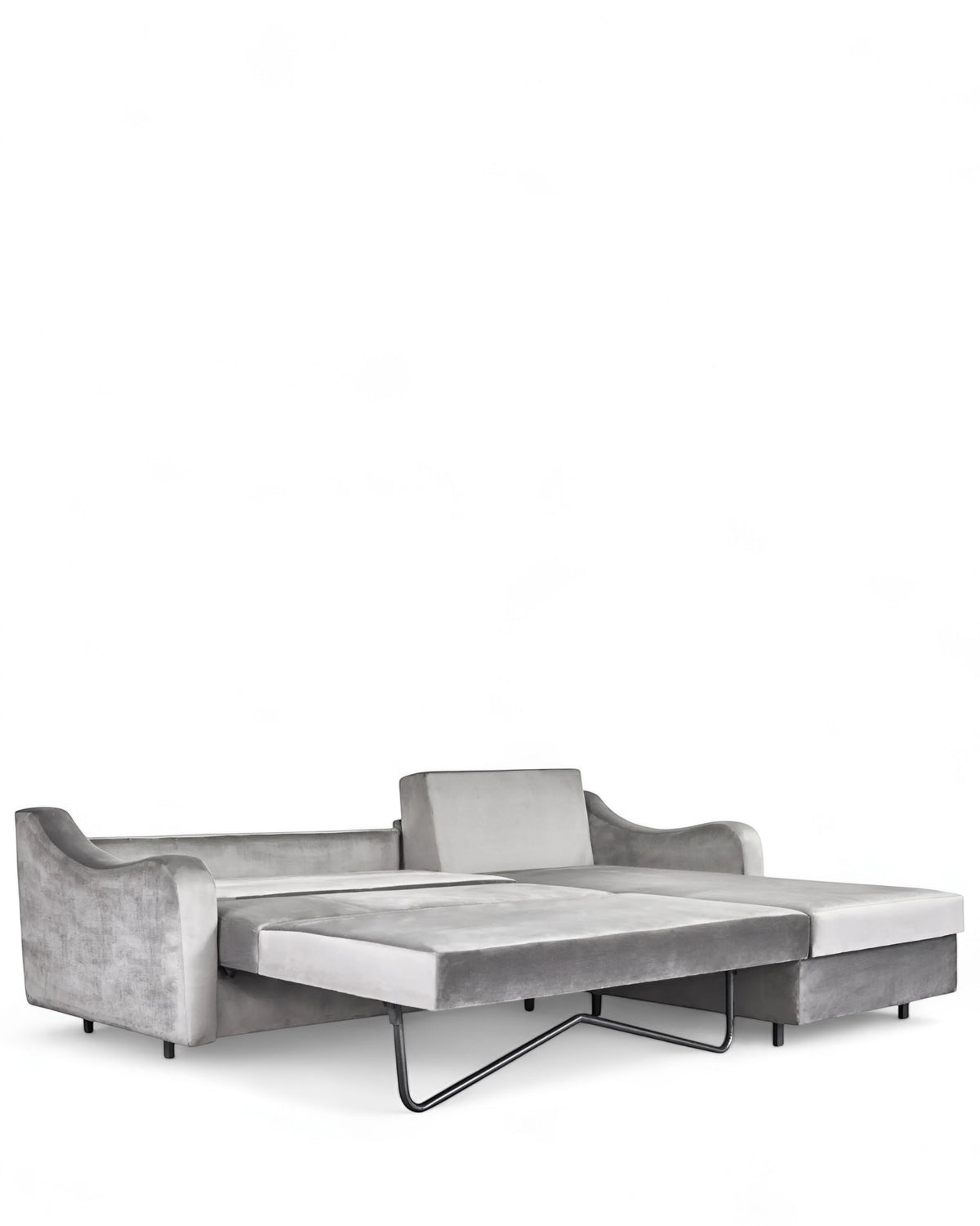 Angled view of the Vaya Home Grigio sleeper sectional in gray upholstery with chaise section and extended bed platform.