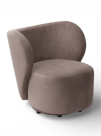 Front angled view of the Vaya Home Halo accent chair with a rounded seat, sculptural back, and taupe upholstered finish.