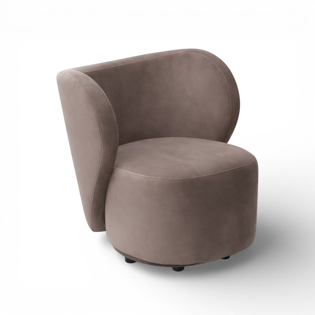 Front angled view of the Vaya Home Halo accent chair with a rounded seat, sculptural back, and taupe upholstered finish.