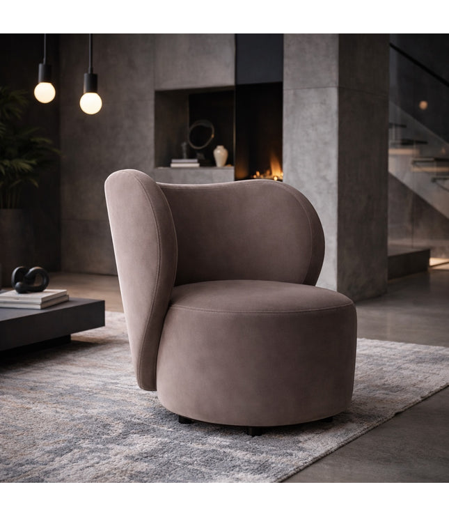 Vaya Home Halo accent chair in taupe upholstery, styled in a modern living room.