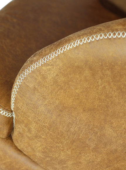 Close-up of the Vaya Home Hugo office chair showing brown faux leather upholstery and contrast stitching detail.