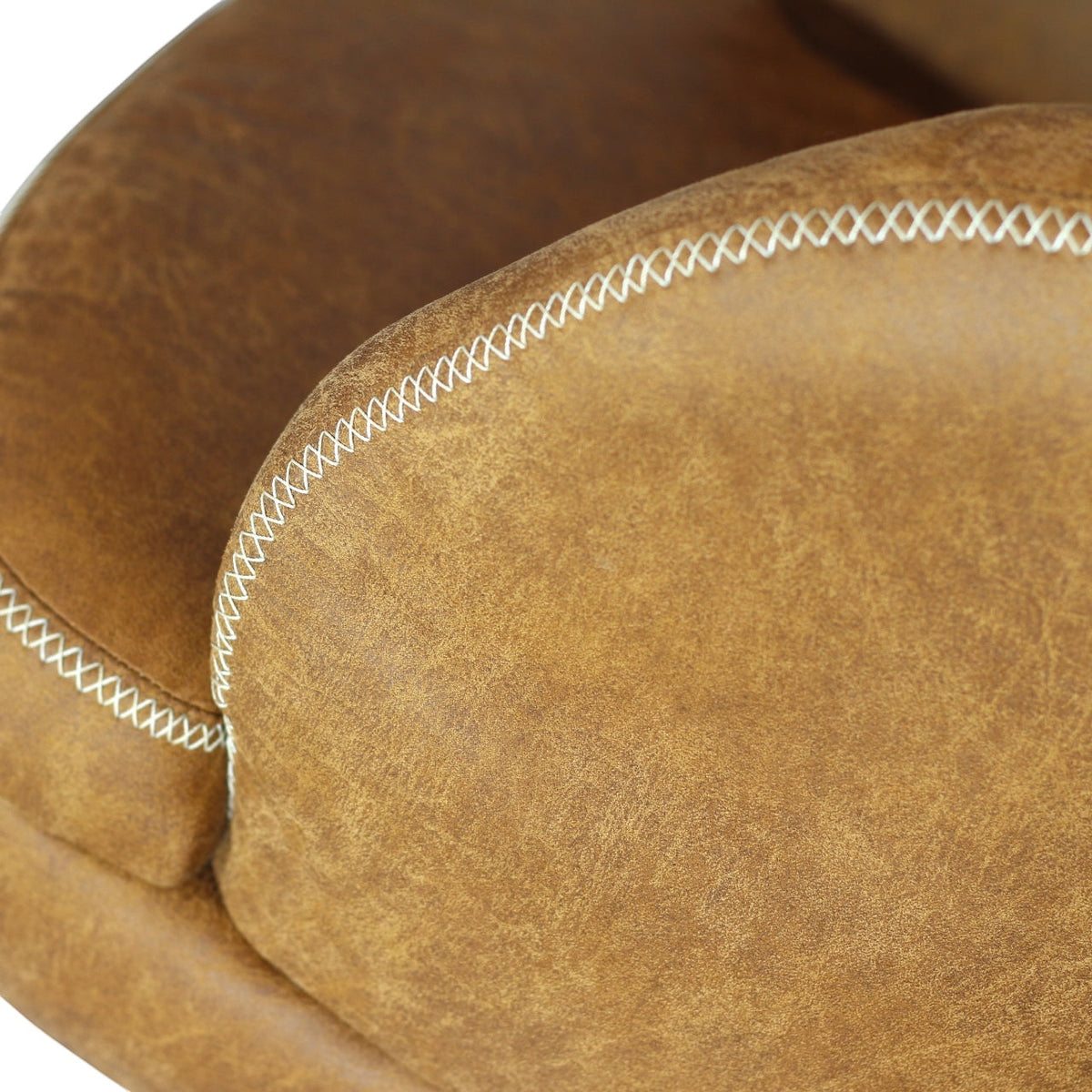 Close-up of the Vaya Home Hugo office chair showing brown faux leather upholstery and contrast stitching detail.