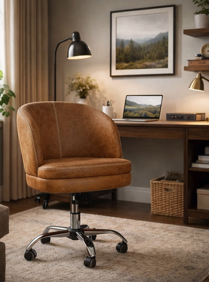 Vaya Home Hugo swivel office chair in brown faux leather, styled in a modern home office.