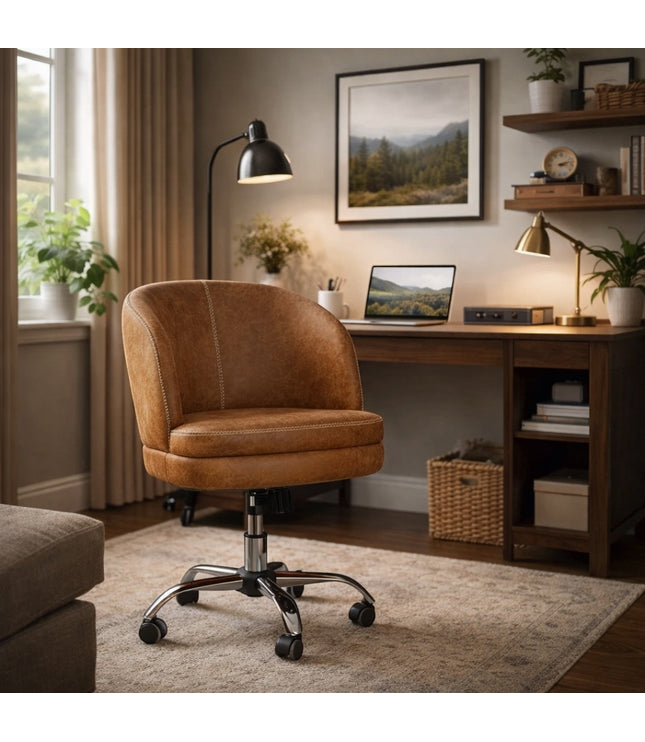 Vaya Home Hugo swivel office chair in brown faux leather, styled in a modern home office.