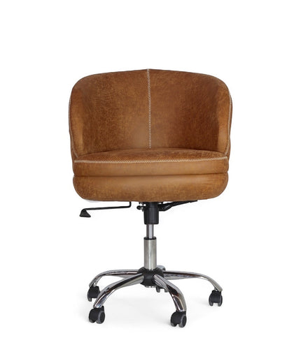 Front view of the Vaya Home Hugo swivel office chair with brown faux leather upholstery, cushioned seat, and chrome caster base.