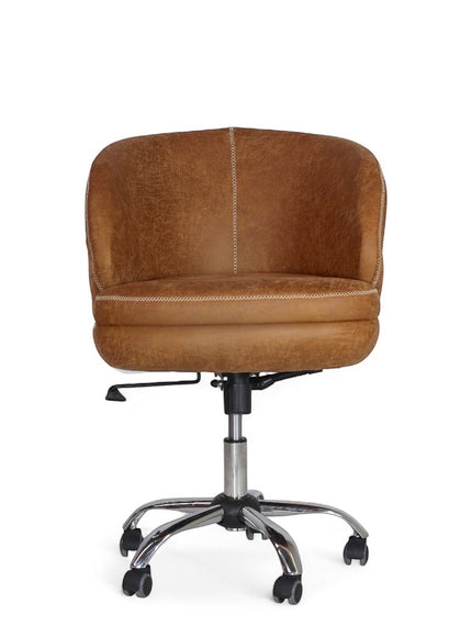 Front view of the Vaya Home Hugo swivel office chair with brown faux leather upholstery, cushioned seat, and chrome caster base.
