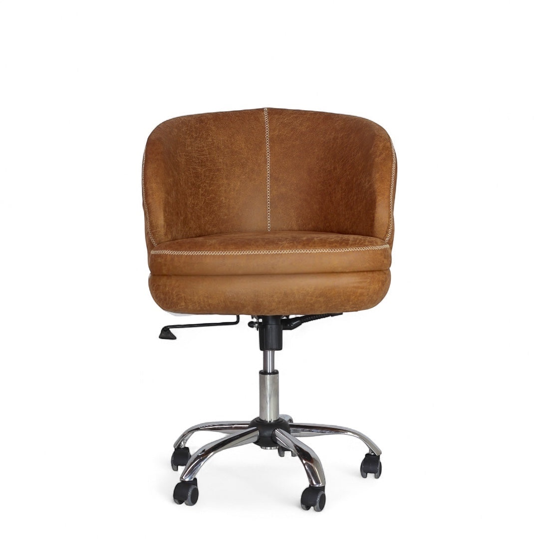Front view of the Vaya Home Hugo swivel office chair with brown faux leather upholstery, cushioned seat, and chrome caster base.