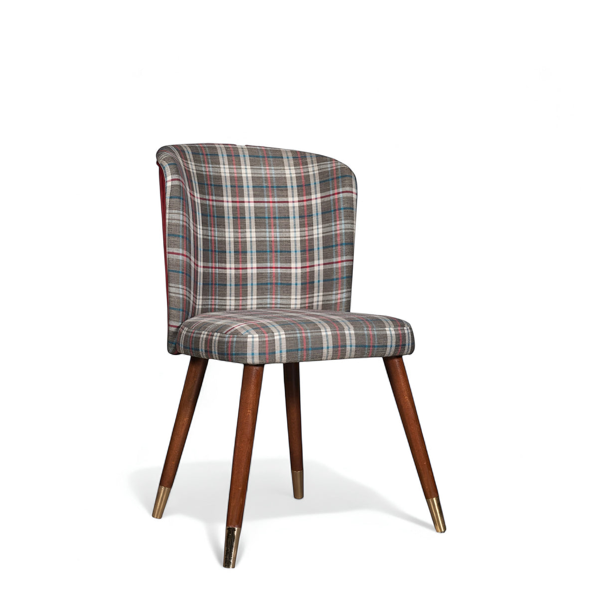Front angled view of the Vaya Home Inverto dining chair with checkered upholstery, curved backrest, and tapered wood legs with gold caps.