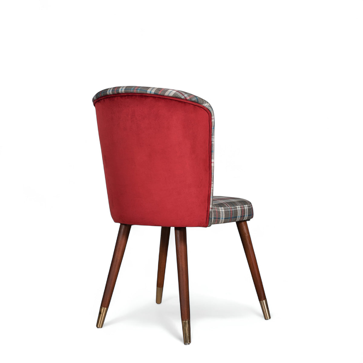 Rear angled view of the Vaya Home Inverto dining chair featuring a red upholstered back, checkered seat and front panel, and wood legs with gold caps.