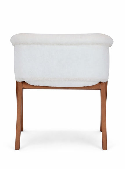 Back view of the Vaya Home Masiccio dining chair featuring white boucle upholstery and a wood frame.