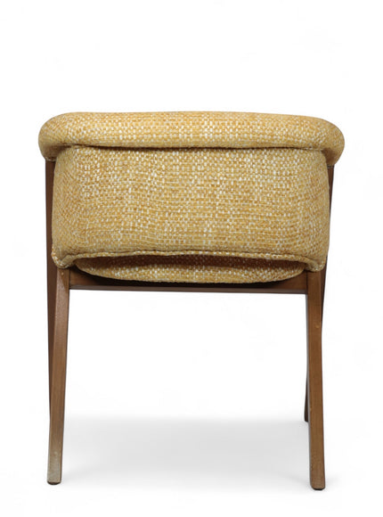 Back view of the Vaya Home Masiccio dining chair featuring yellow woven upholstery and a wood frame.