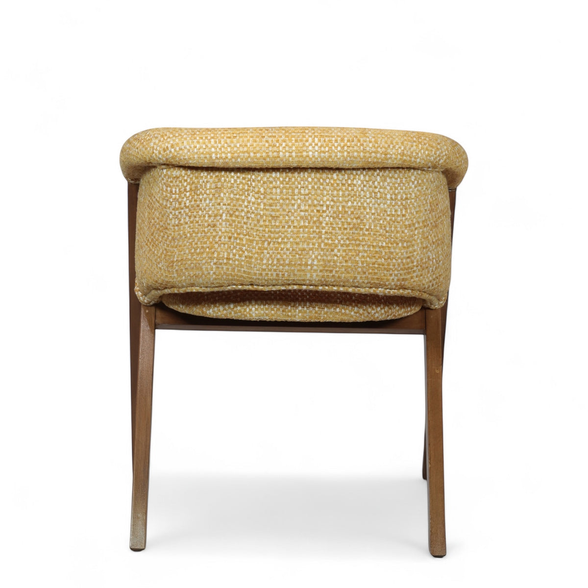 Back view of the Vaya Home Masiccio dining chair featuring yellow woven upholstery and a wood frame.