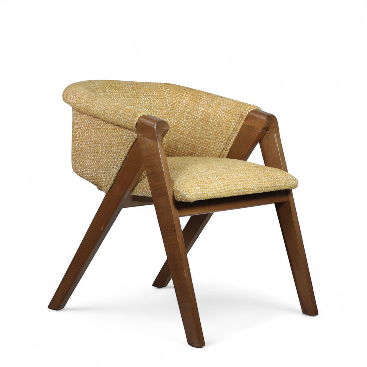 Front angled view of the Vaya Home Masiccio dining chair with yellow woven upholstery, curved back, and wood frame.