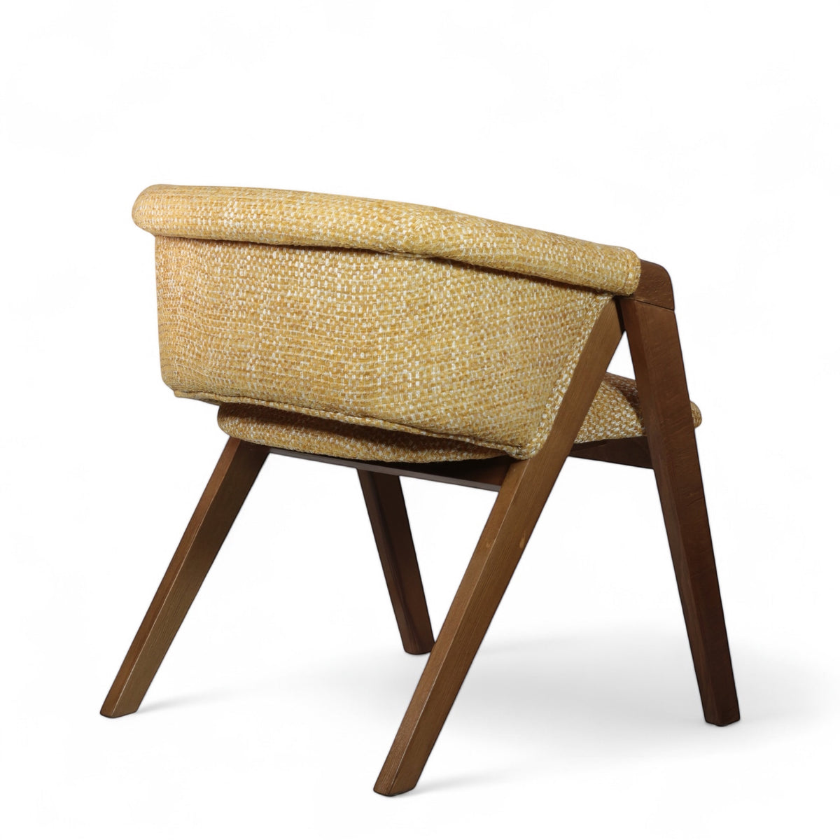 Rear angled view of the Vaya Home Masiccio dining chair with yellow woven upholstery and a warm wood frame.