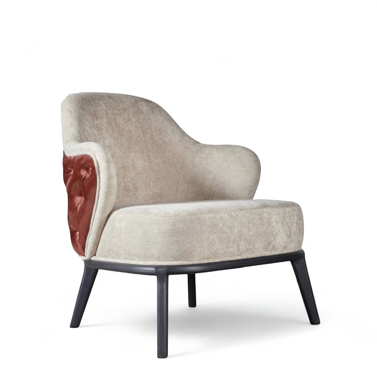 Front angled view of the Vaya Home Mattonne accent chair with beige upholstery, curved silhouette, tufted burgundy side detail, and black legs.