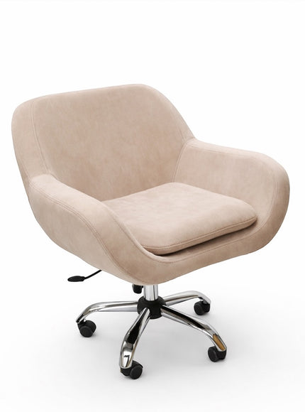 Angled front view of the Vaya Home Milan swivel office chair with beige upholstery, cushioned seat, and chrome rolling base.