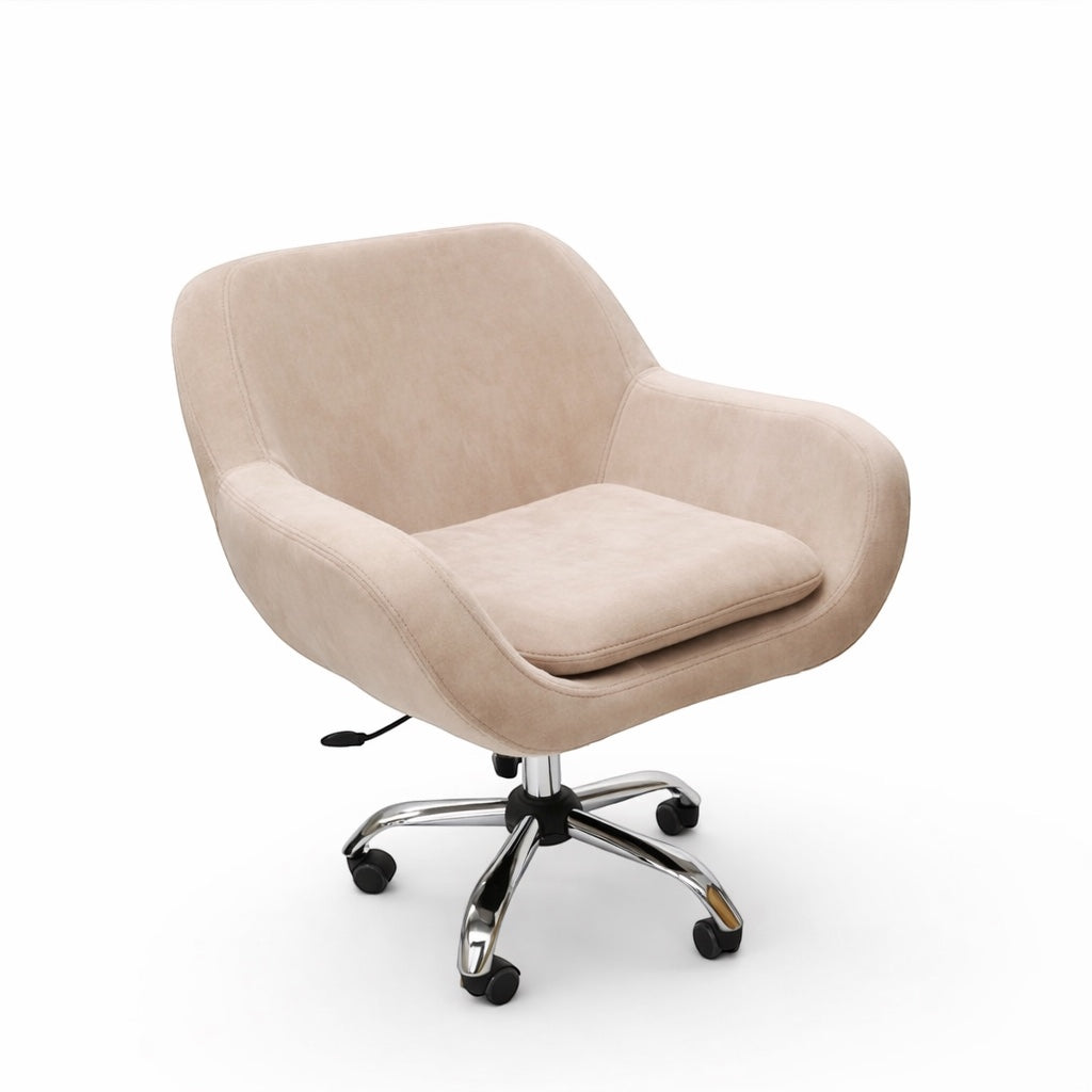 Angled front view of the Vaya Home Milan swivel office chair with beige upholstery, cushioned seat, and chrome rolling base.