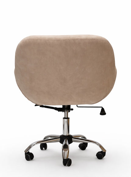 Back view of the Vaya Home Milan swivel office chair with rounded backrest, beige upholstery, and chrome caster base.