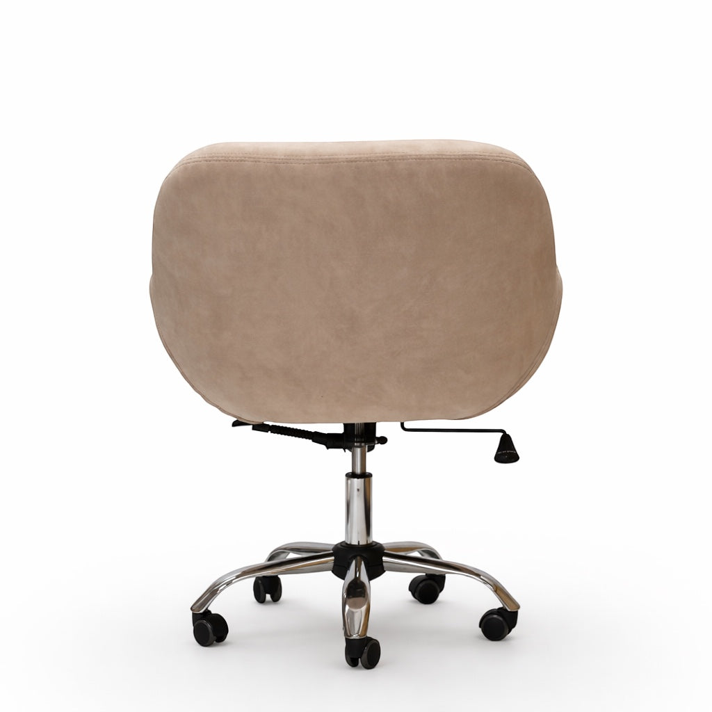 Back view of the Vaya Home Milan swivel office chair with rounded backrest, beige upholstery, and chrome caster base.