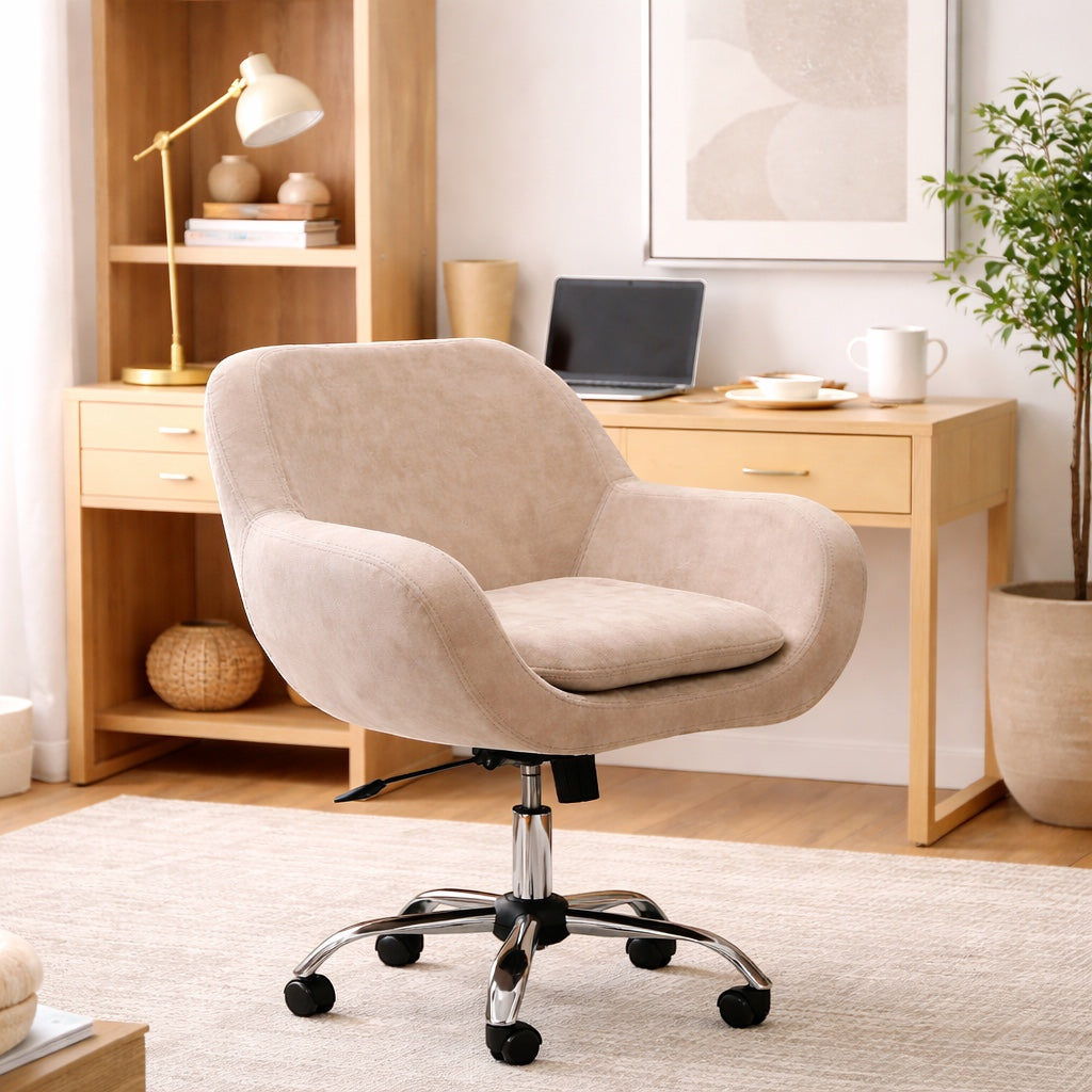 Vaya Home Milan swivel office chair in beige upholstery with a chrome base, styled in a modern home office.