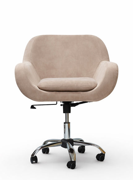 Front view of the Vaya Home Milan swivel office chair with beige upholstery, padded seat cushion, and chrome caster base.
