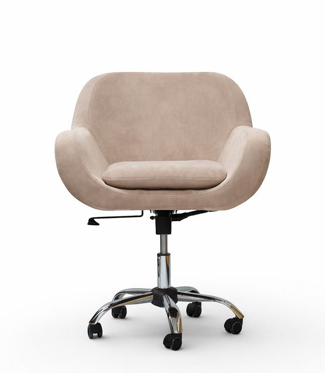 Front view of the Vaya Home Milan swivel office chair with beige upholstery, padded seat cushion, and chrome caster base.