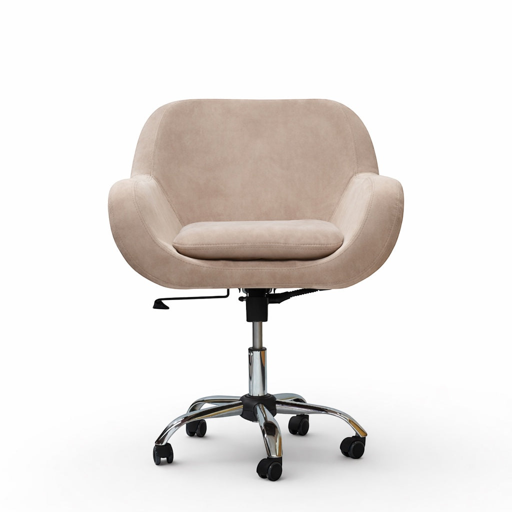 Front view of the Vaya Home Milan swivel office chair with beige upholstery, padded seat cushion, and chrome caster base.