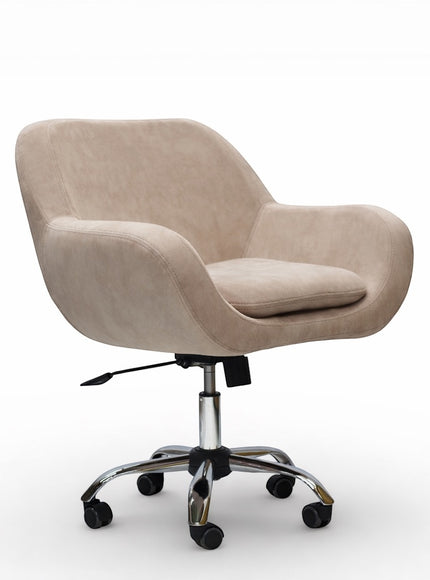Side view of the Vaya Home Milan swivel office chair showing curved armrests, beige upholstery, and a chrome rolling base.