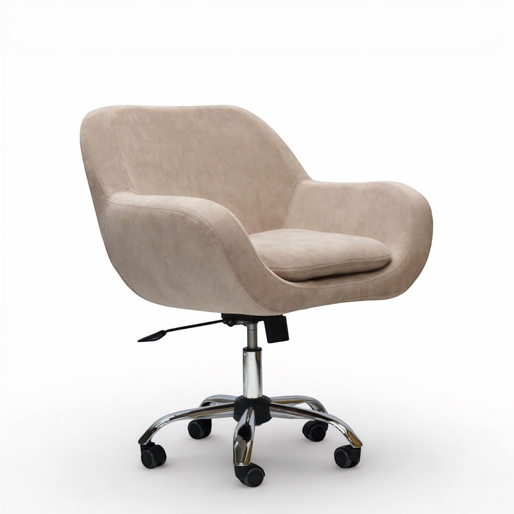 Side view of the Vaya Home Milan swivel office chair showing curved armrests, beige upholstery, and a chrome rolling base.