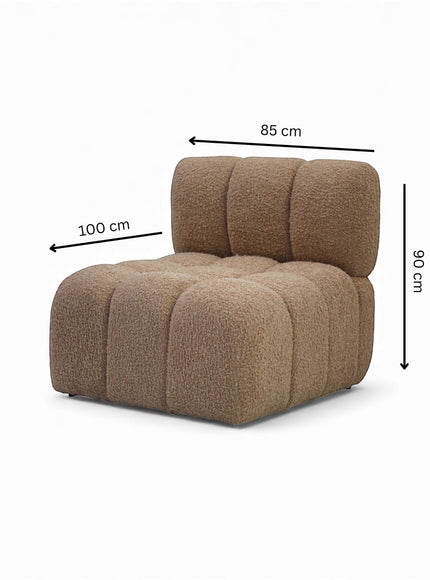 Vaya Home Moducube central module in beige boucle upholstery with product dimensions shown.