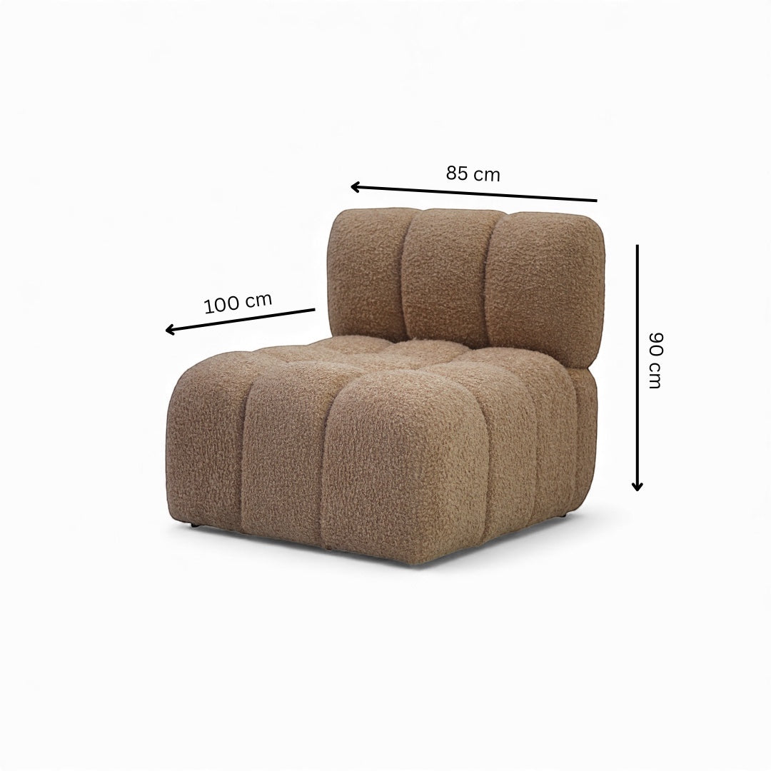 Vaya Home Moducube central module in beige boucle upholstery with product dimensions shown.