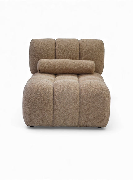 Vaya Home Moducube central module in beige boucle upholstery shown as an individual modular piece.