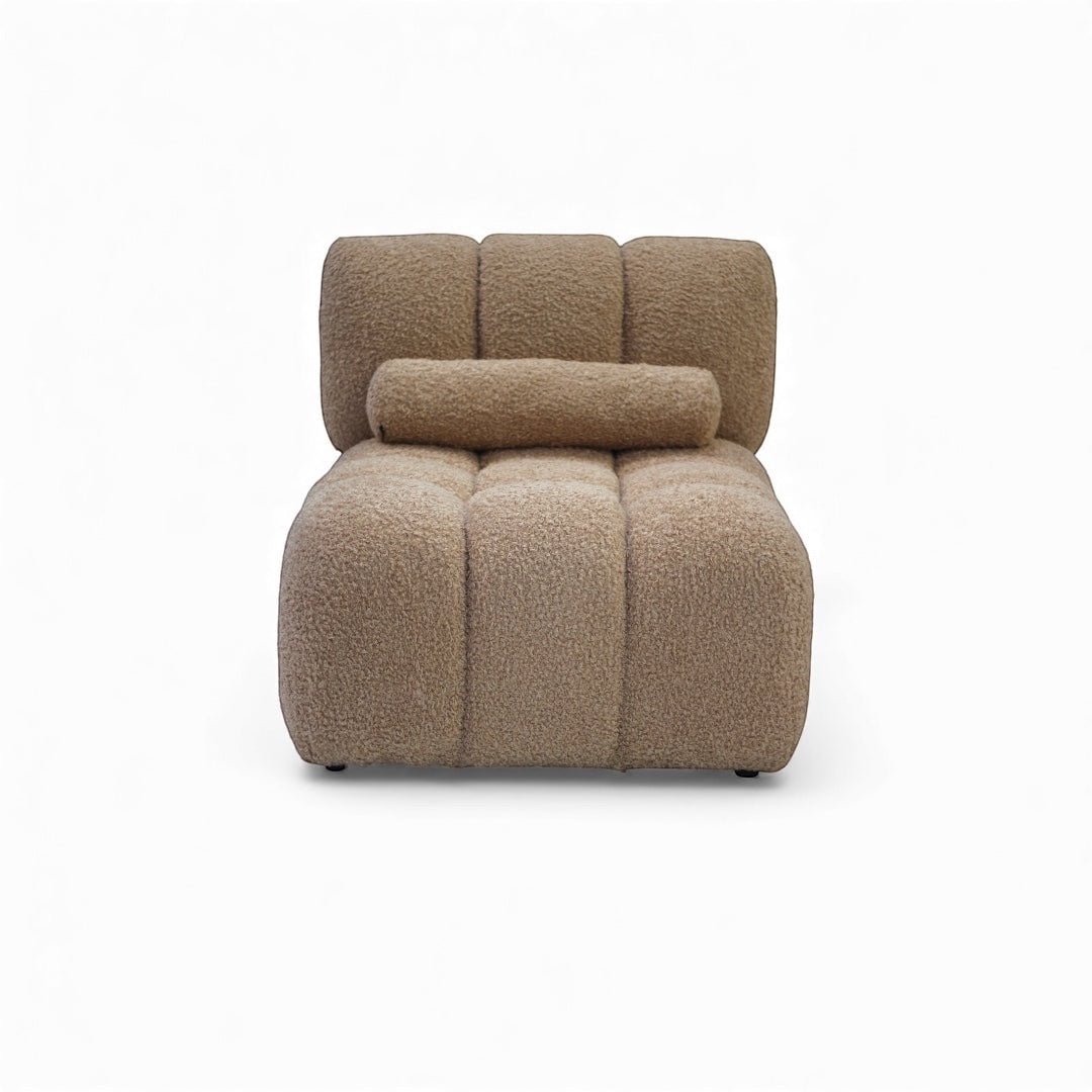 Vaya Home Moducube central module in beige boucle upholstery shown as an individual modular piece.