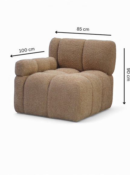 Vaya Home Moducube corner module in beige boucle upholstery with product dimensions shown.