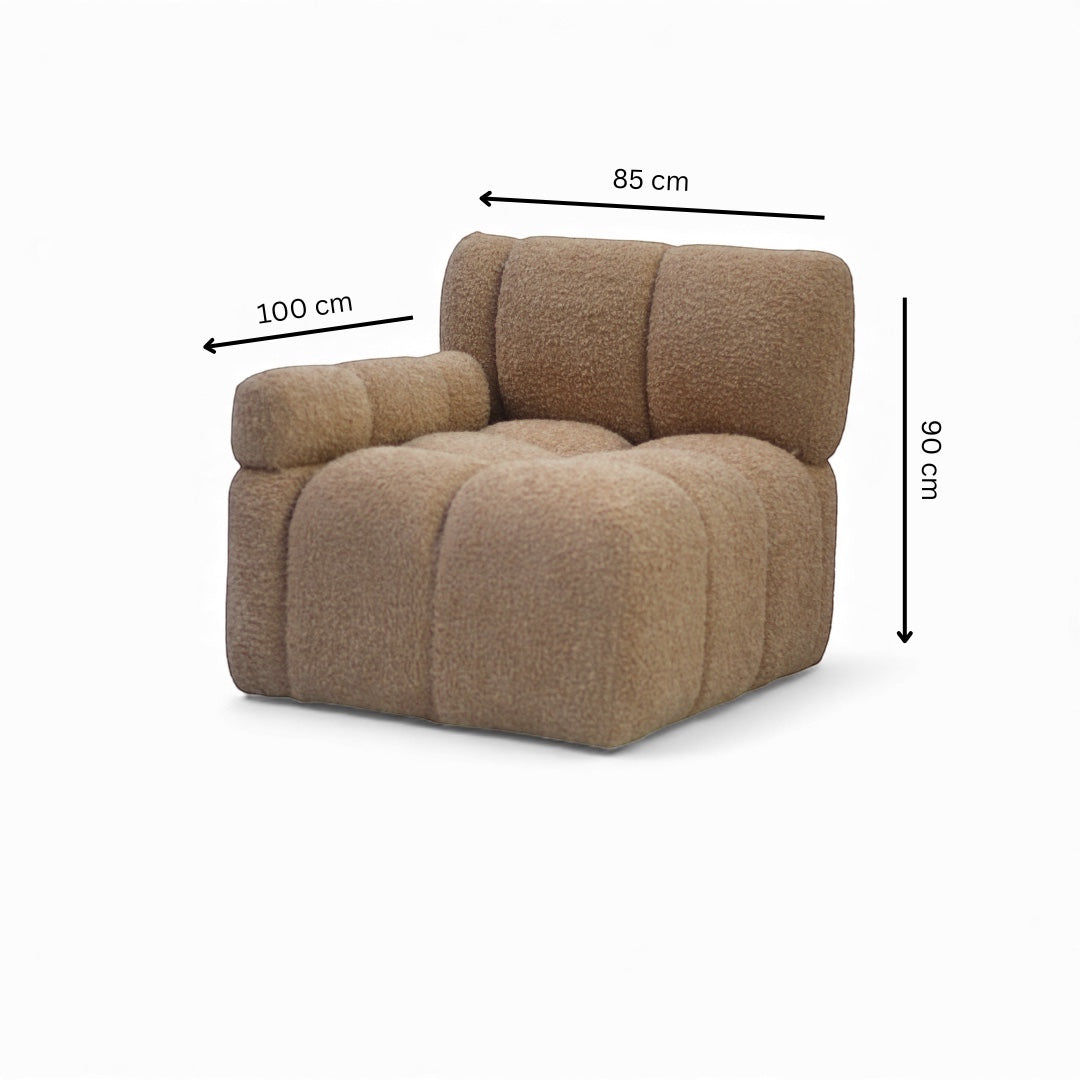 Vaya Home Moducube corner module in beige boucle upholstery with product dimensions shown.