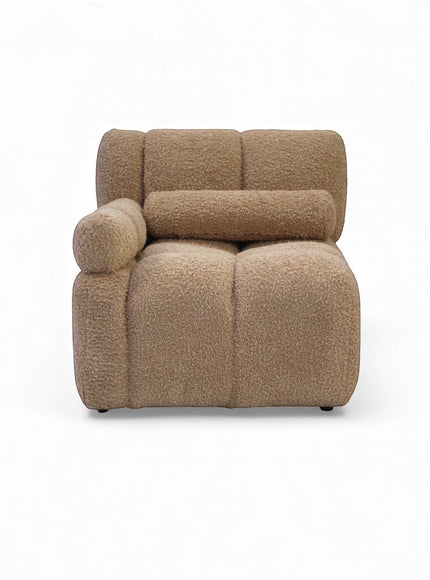 Vaya Home Moducube ottoman in beige boucle upholstery shown as an individual modular piece.