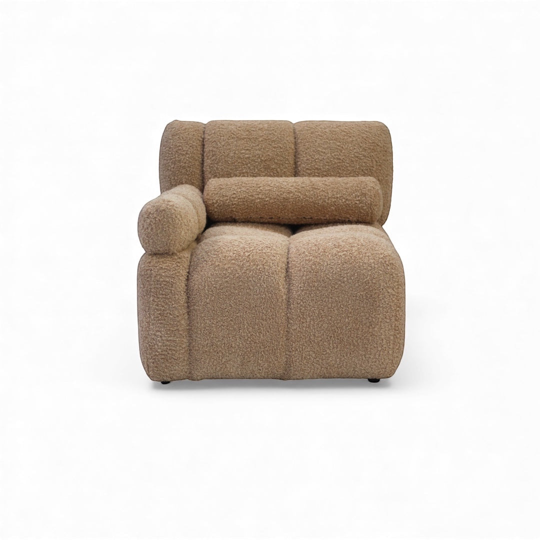 Vaya Home Moducube ottoman in beige boucle upholstery shown as an individual modular piece.
