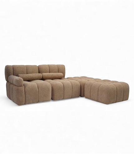 Vaya Home Moducube full modular sofa set in beige boucle upholstery with matching ottoman.