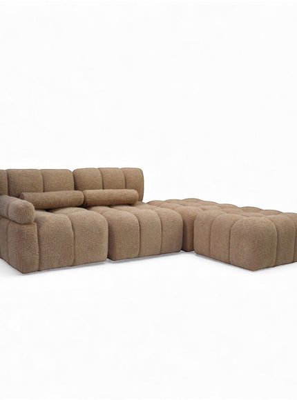 Vaya Home Moducube full modular sofa set in beige boucle upholstery with matching ottoman.