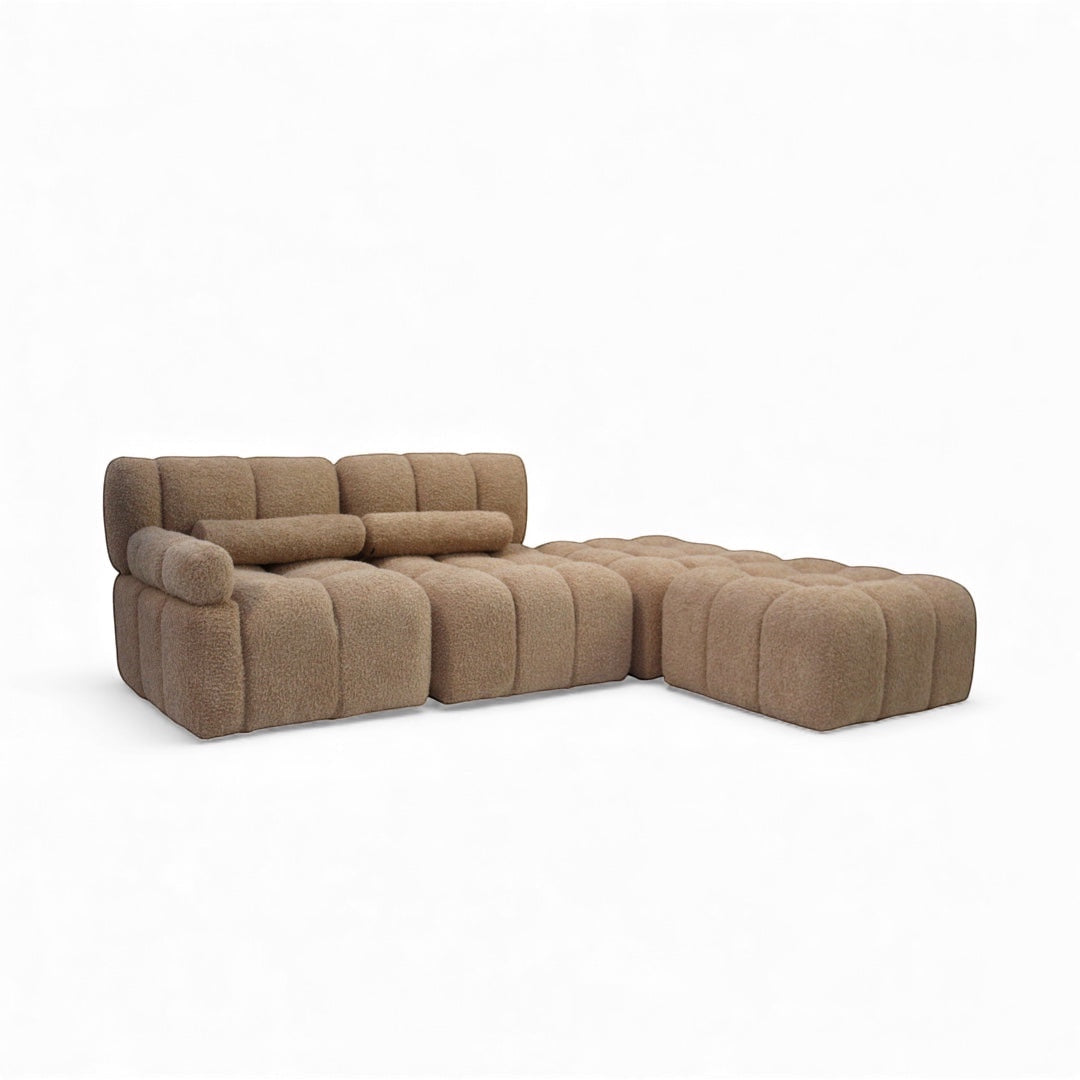 Vaya Home Moducube full modular sofa set in beige boucle upholstery with matching ottoman.
