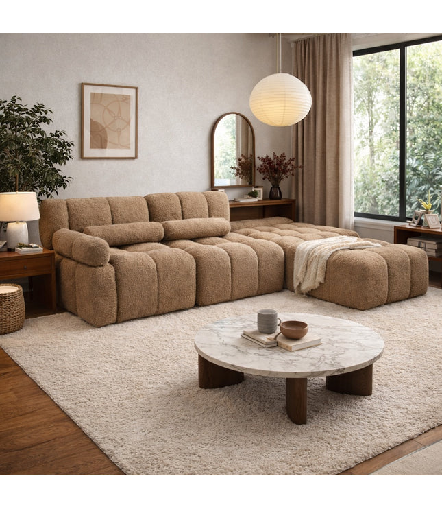 Vaya Home Moducube modular sofa in beige boucle upholstery, styled in a modern living room with ottoman.