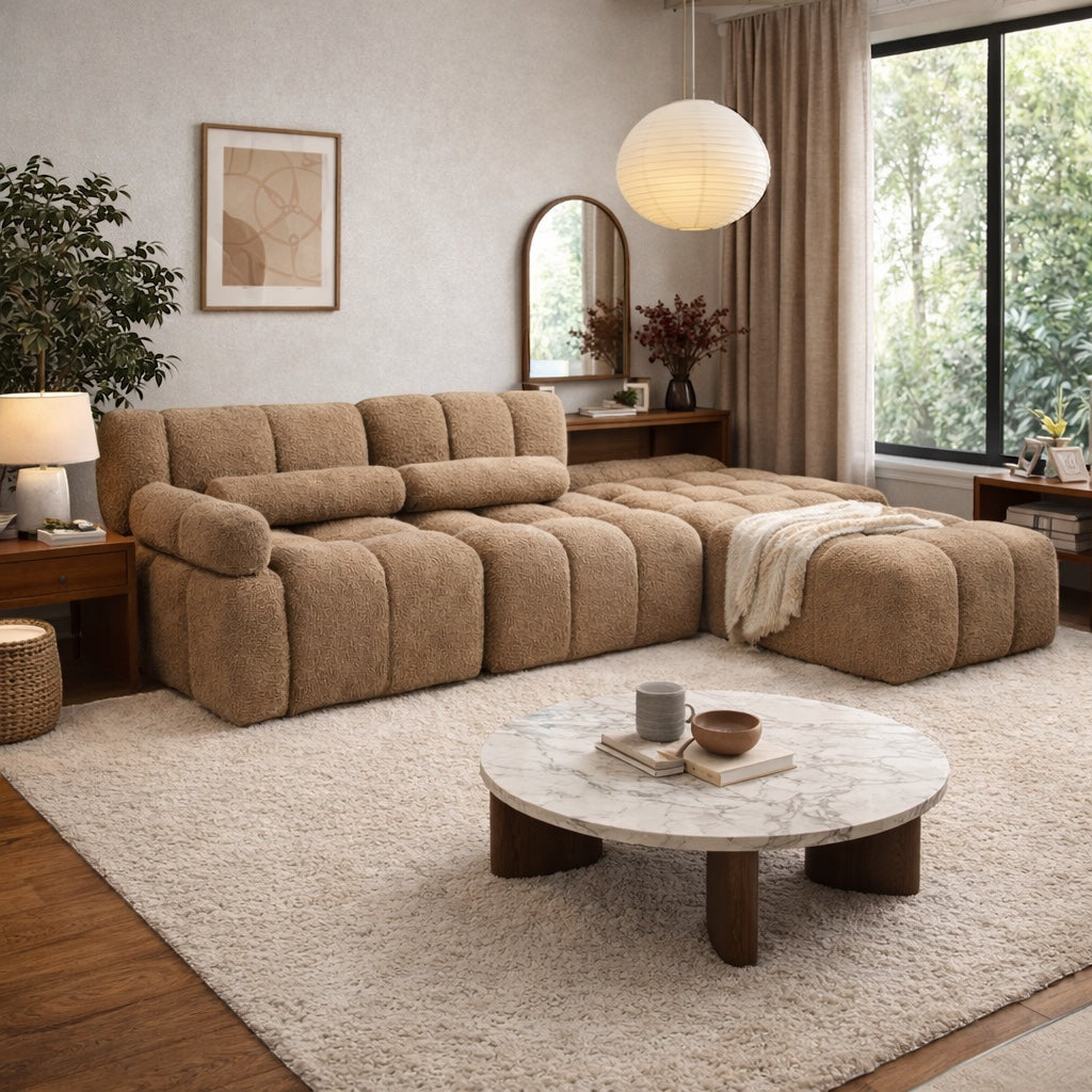 Vaya Home Moducube modular sofa in beige boucle upholstery, styled in a modern living room with ottoman.