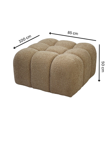 Vaya Home Moducube ottoman in beige boucle upholstery with product dimensions shown.