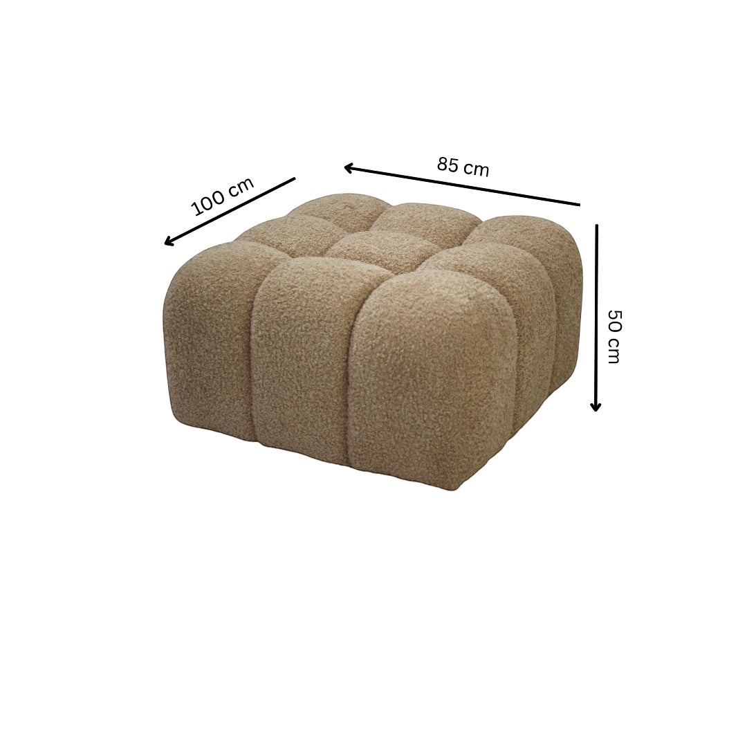 Vaya Home Moducube ottoman in beige boucle upholstery with product dimensions shown.