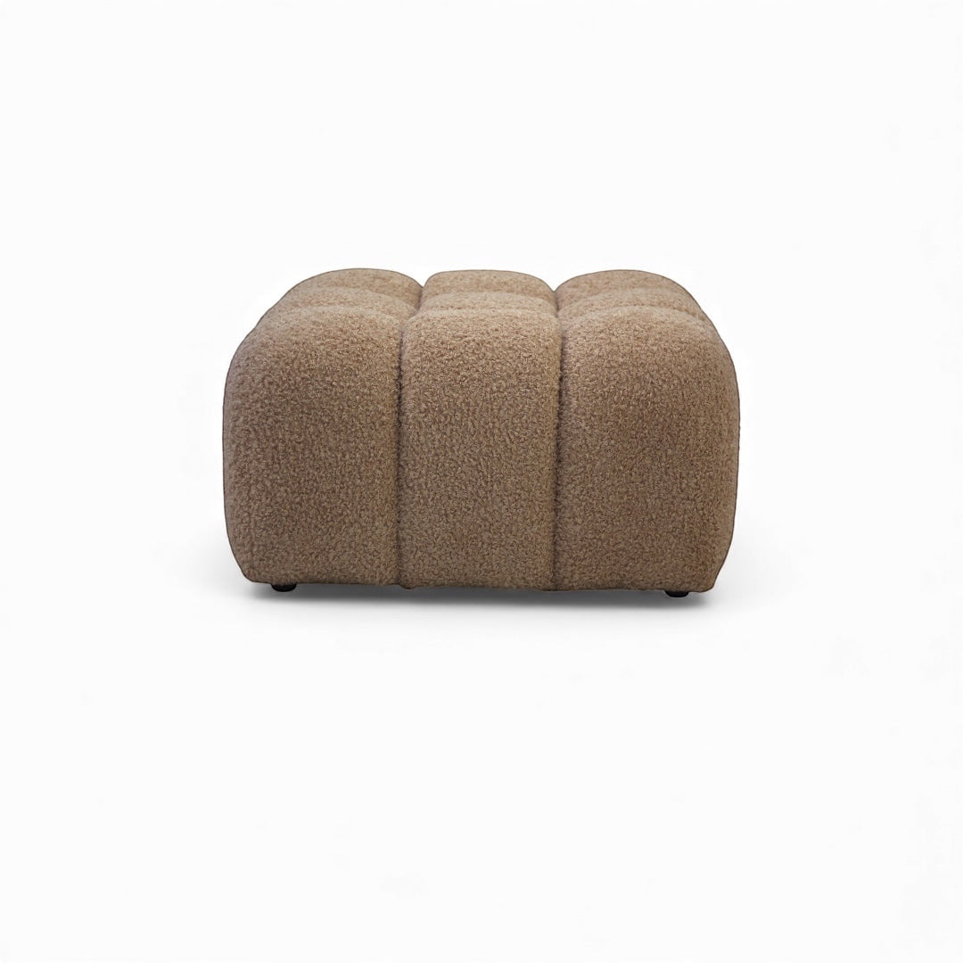 Vaya Home Moducube ottoman in beige boucle upholstery shown as an individual modular piece.