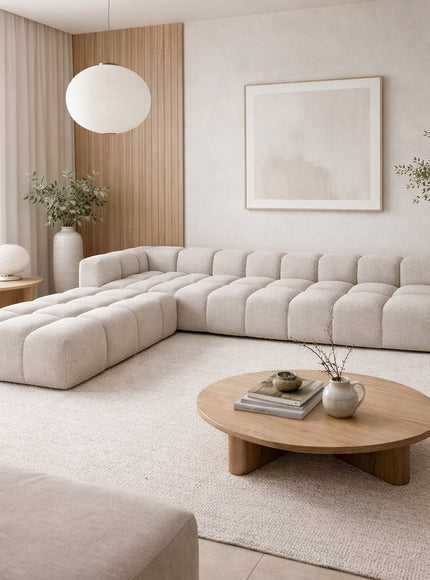 Vaya Home Monolith modular sectional sofa in cream upholstery, styled in a modern living room.