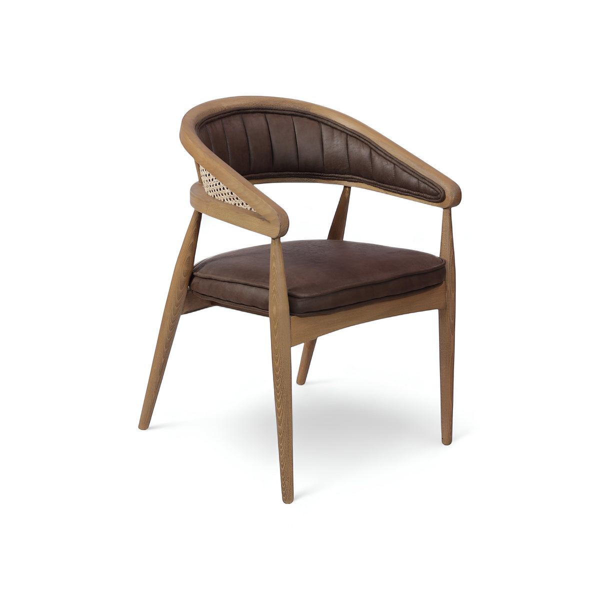 Vaya Home Morbido dining chair with a woven cane back, dark brown seat cushion, and curved wood frame.
