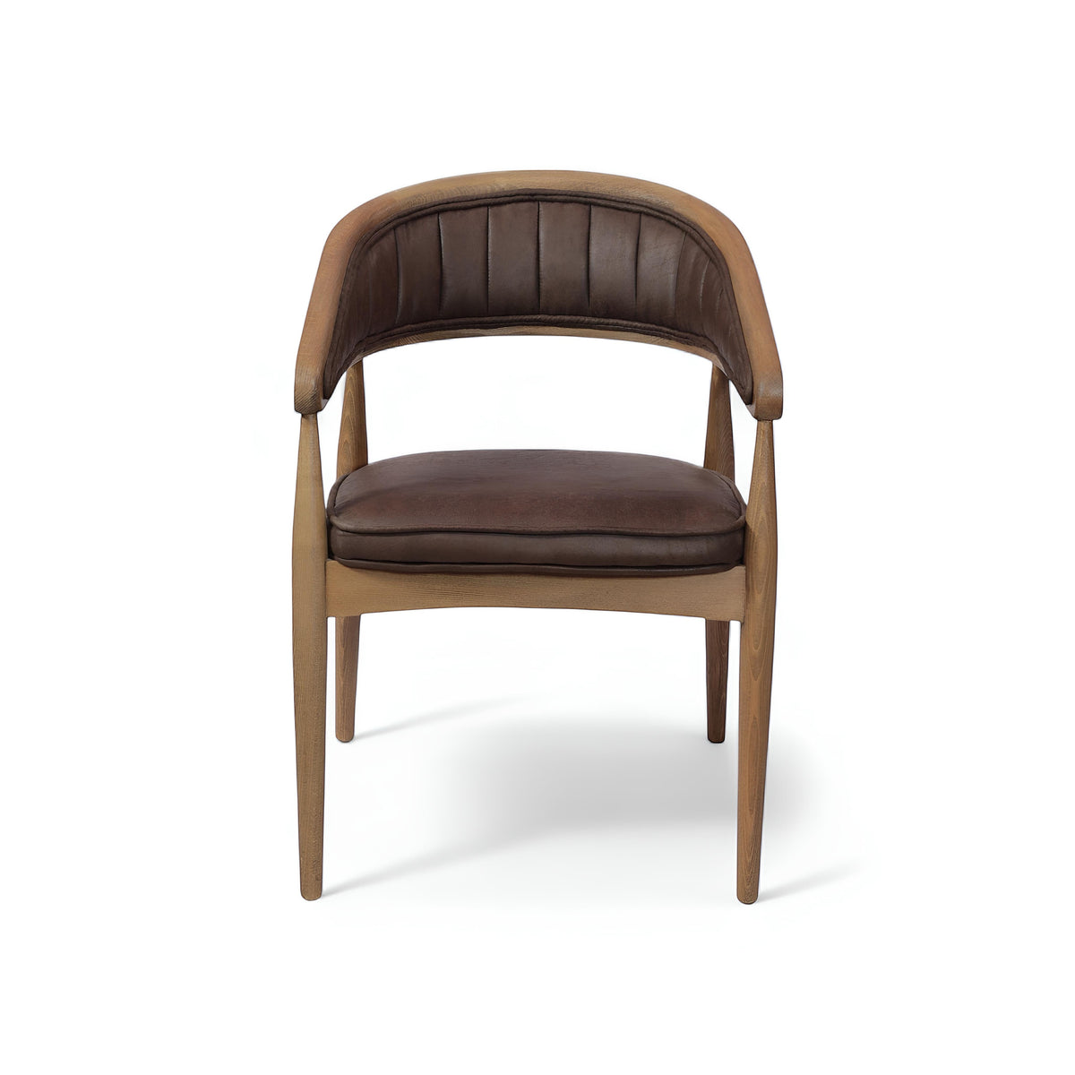 Front angled view of the Vaya Home Morbido dining chair with a woven cane back, dark brown seat cushion, and curved wood frame.